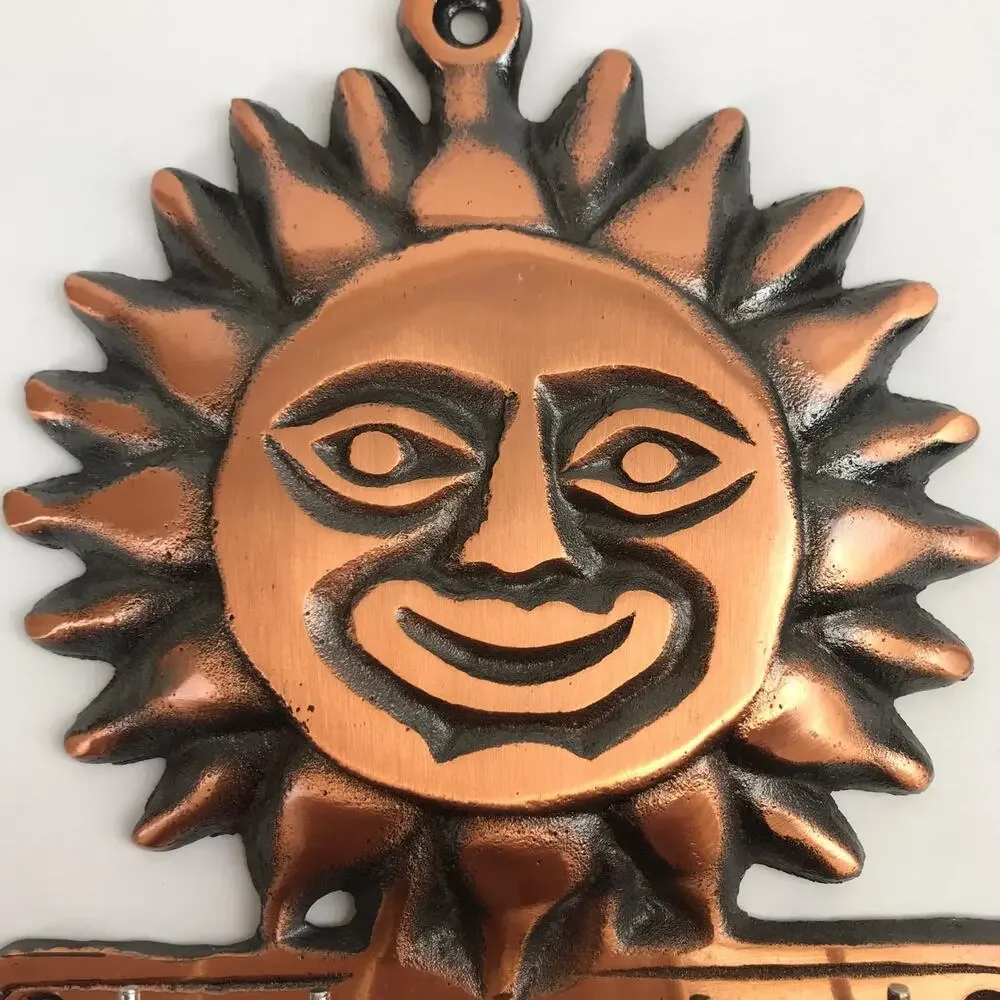 Celestial Sun Face 5 Hook Key Rack Vintage 90s Copper Toned Southwest Wall Decor